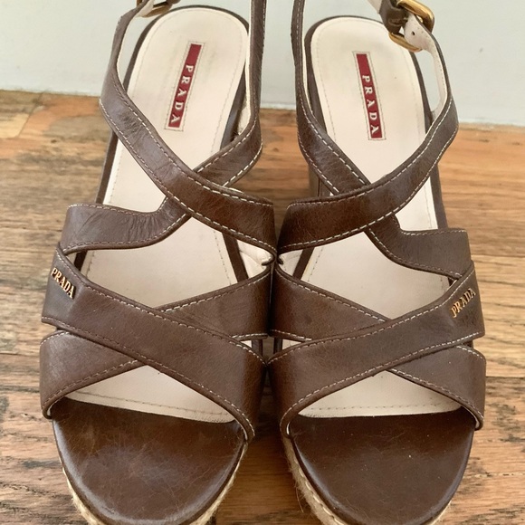 Prada Leather platform wedge sandals in brown leather, Size 7.5 - Picture 5 of 7
